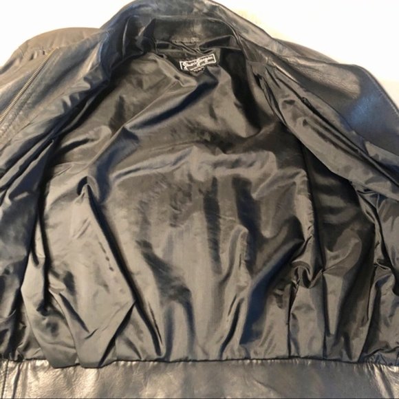 VINTAGE 80s Leather Jacket Black Bomber Oversized Batwing Sleeve Comint Large - Picture 11 of 16